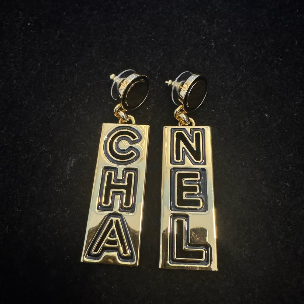 CHANEL Black and Gold Logo Letter Earrings - Picture 1 of 5